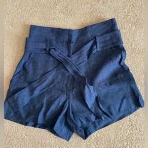 High Waist Blue Linen-Blend Women's Shorts with Waist Tie
